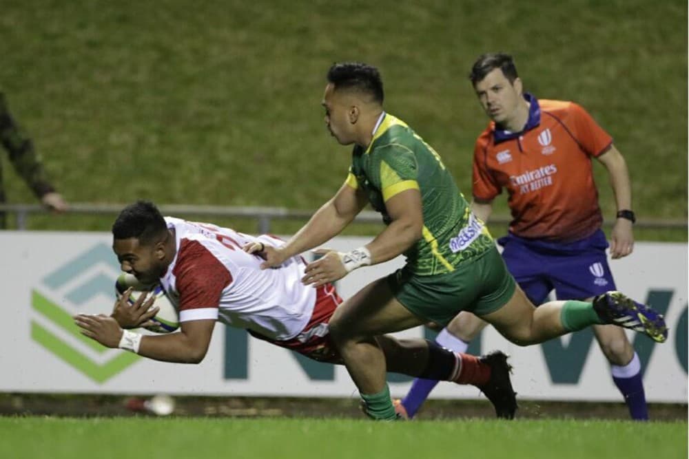 Paula Mahe Tonga scores over Cook Islands during RWC2023 Qualifier in July 2021 (Photo: Richard Spranger)