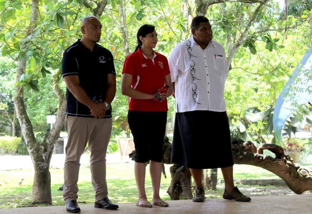 HE Honourable Titilupe Fanetupouvava'u Tuita Tu'ivakano with Wayne Schuster of Oceania Rugby and John O'Conner of Fiji Rugby Union during the 2016 Oceania Rugby Sevens Championship 