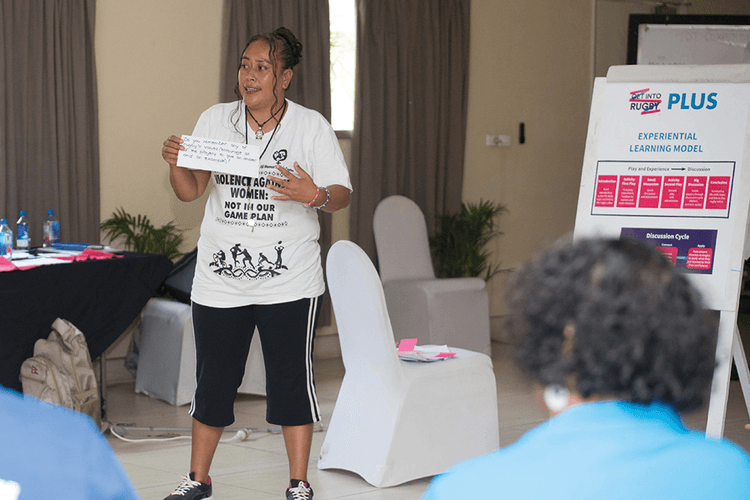 Kitiana Kaitu a Get into Rugby PLUS Coach & Educator presenting during a coach training session