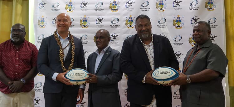 (L-R) Solomon Islands Minister for Education, Hon. Tozen Leokana, Oceania Rugby General Manager Frank Puletua, Solomon Islands Prime Minister Hon. Jeremiah Manele, Solomon Islands Rugby Union President Hon. George Temahua and Deputy Prime Minister Hon. Bradley Tovosia.