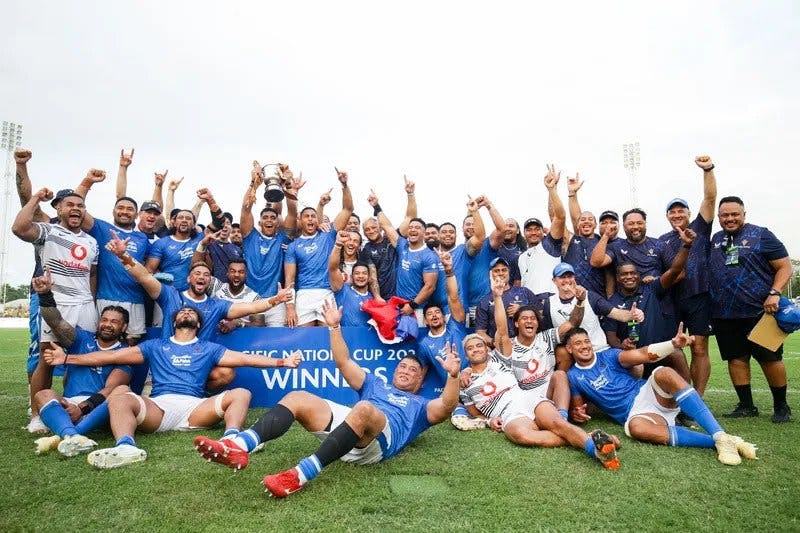 Manu Samoa celebrate 2022 World Rugby Pacific Nations Cup victory in Lautoka, Fiji