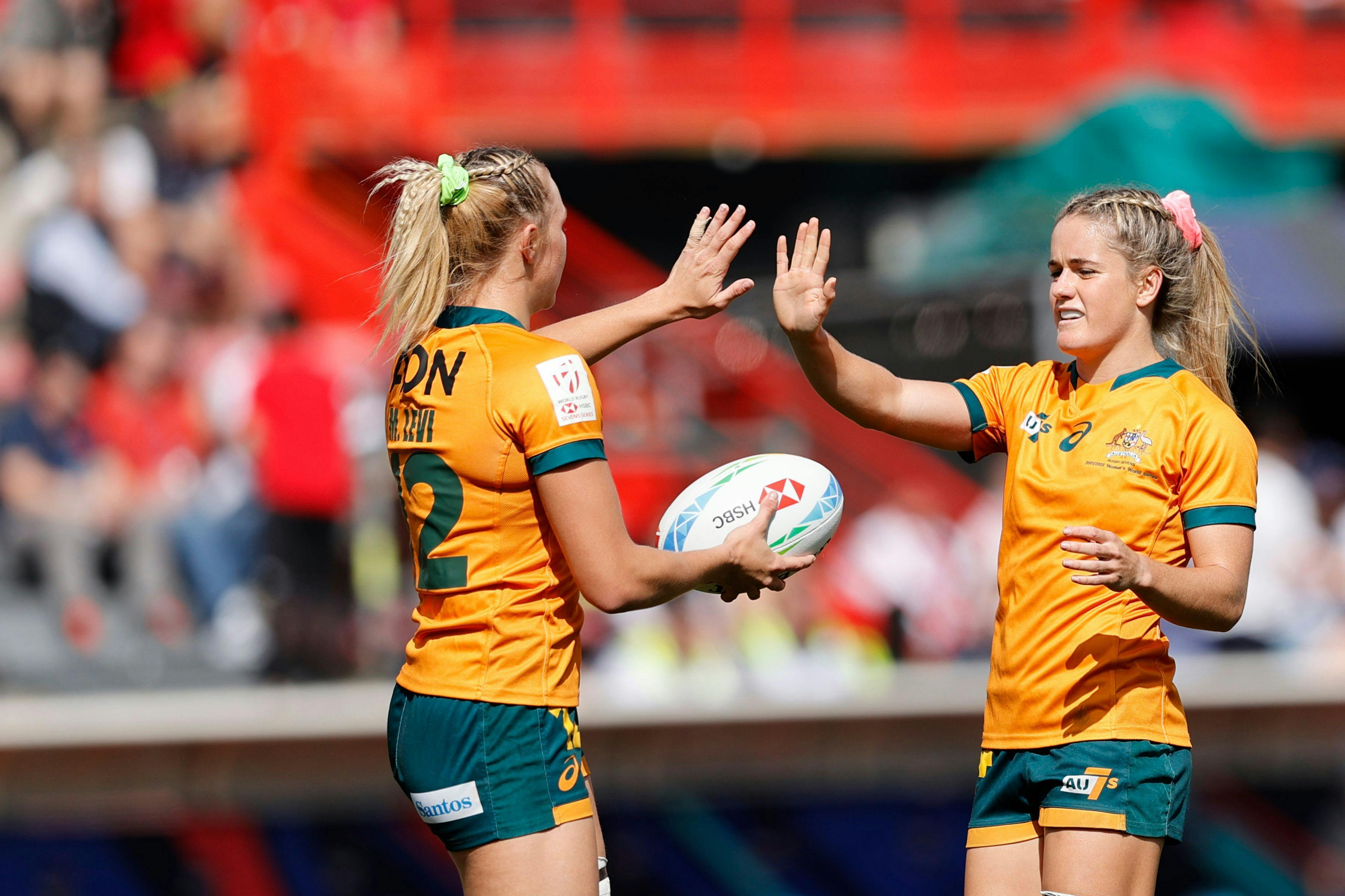 Australia's Maddison Levi and Dominique du Toit celebrate a try against South Africa on day one of the HSBC France Sevens women's competition at Stade Toulousain on 20 May, 2022 in Toulouse, France. Photo credit: Mike Lee - KLC fotos for World Rugby