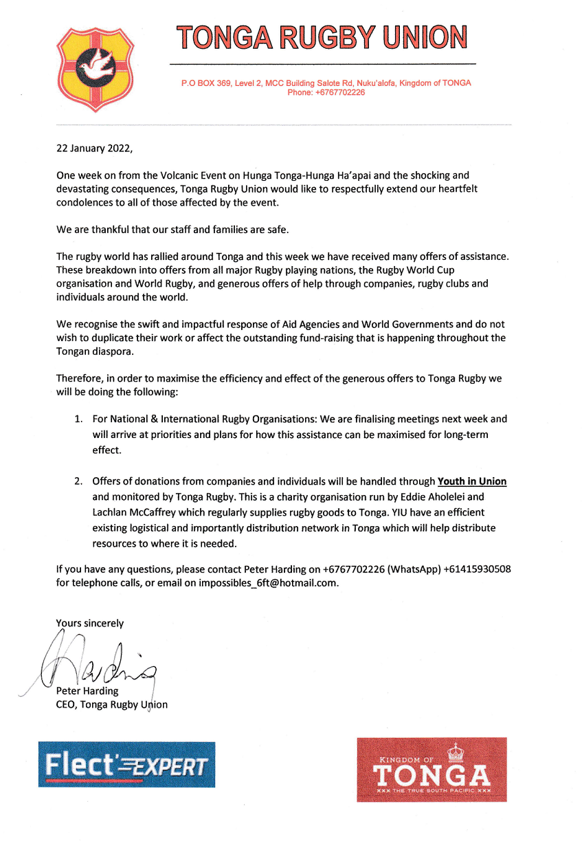 A letter from Tonga Rugby Union CEO