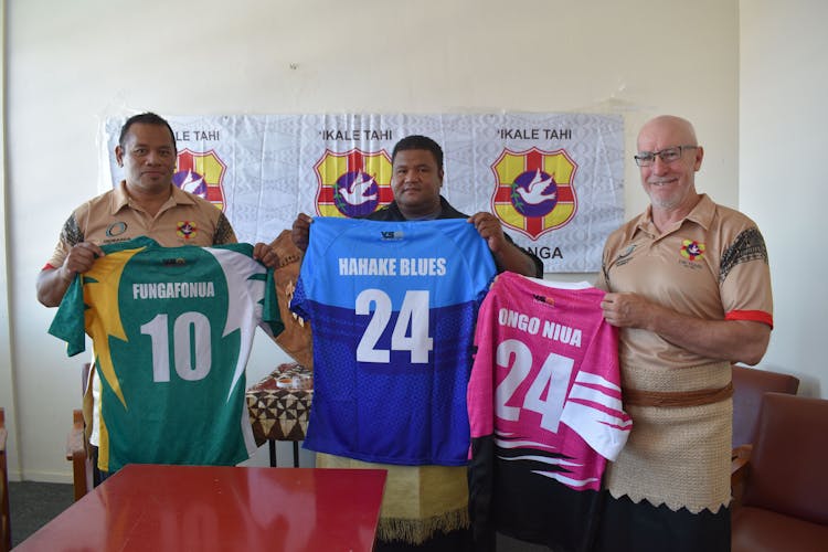 Tonga Rugby Union Board members Aisea Aholelei, Maluafisi Faekanono and CEO Peter Harding at the launch of the centenary celebrations tournament (credit: Elenoa Gee, Matangi Tonga)
