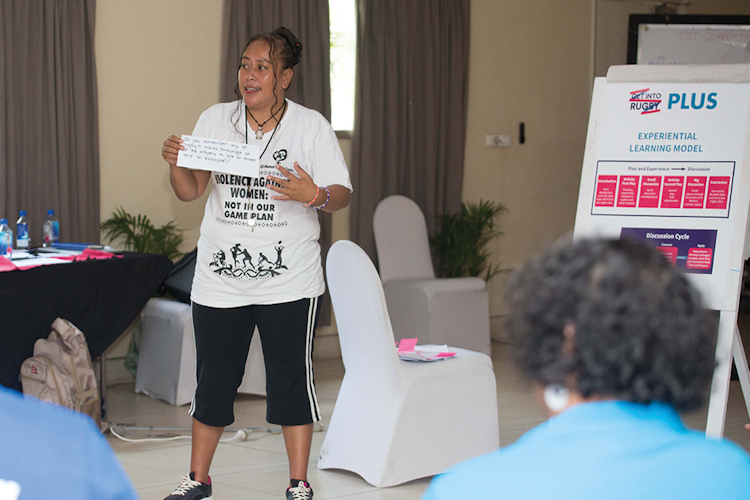 Kitiana Kaitu a Get into Rugby PLUS Coach & Educator presenting during a coach training session