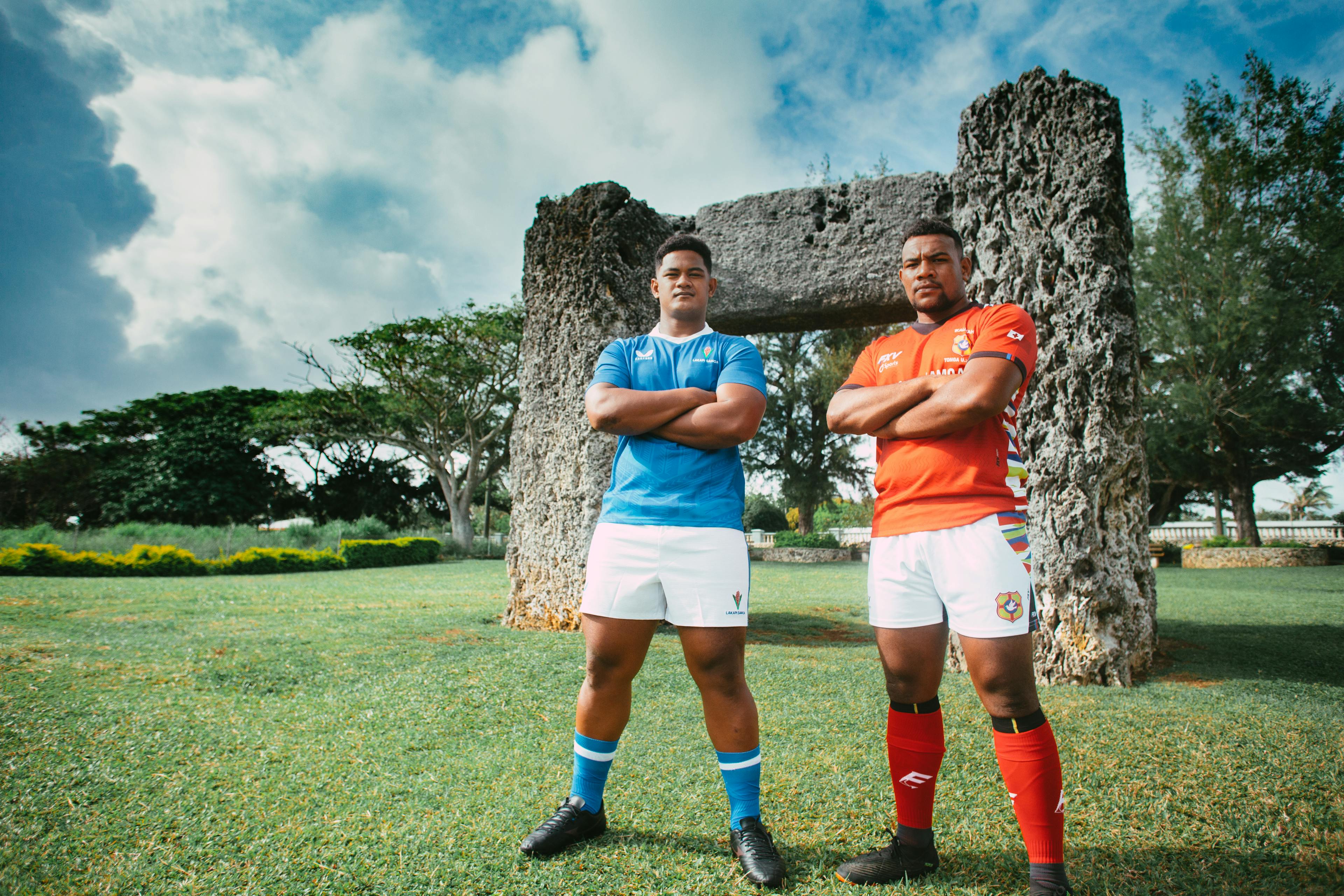 Tonga U20 Captain, Manu ‘Ahokovi, and Jnr Manu Samoa Captain, Benjamin Faavae meet yesterday at the Ha'amonga 'a Maui Trilithon for the traditional Captains Photo. 