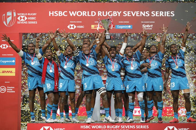 Fiji 7's celebrate stunning victory in Singapore. Photo: Mike Lee